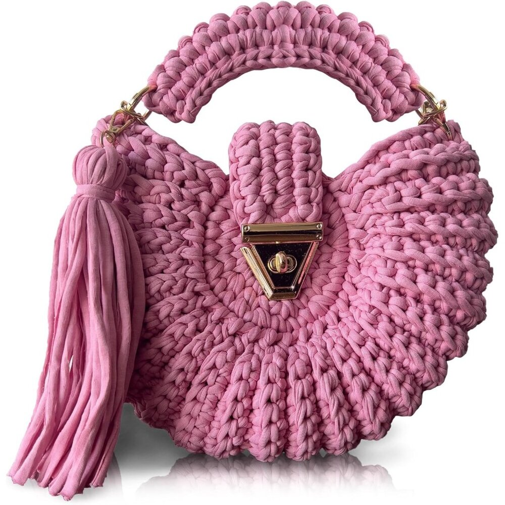 Women's Evening Clutch Handmade Crochet Small Formal Flap Pink Crossbody Bag